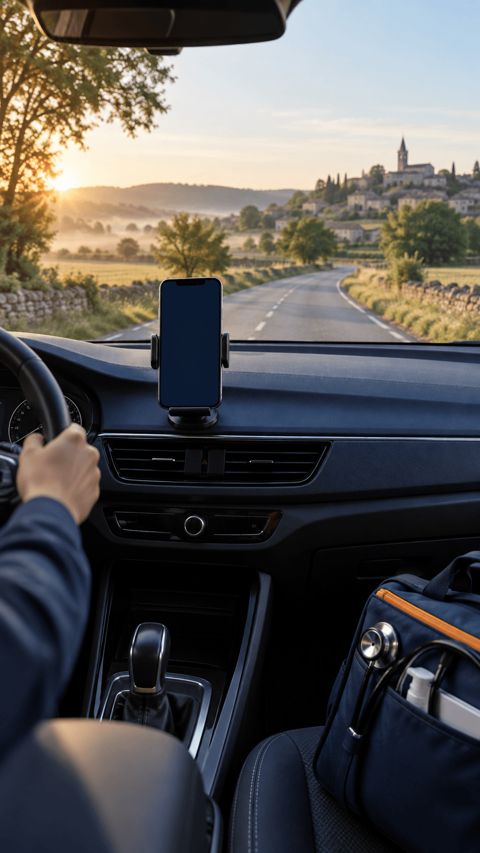 Téléphone fixé dans une voiture sur une route de campagne