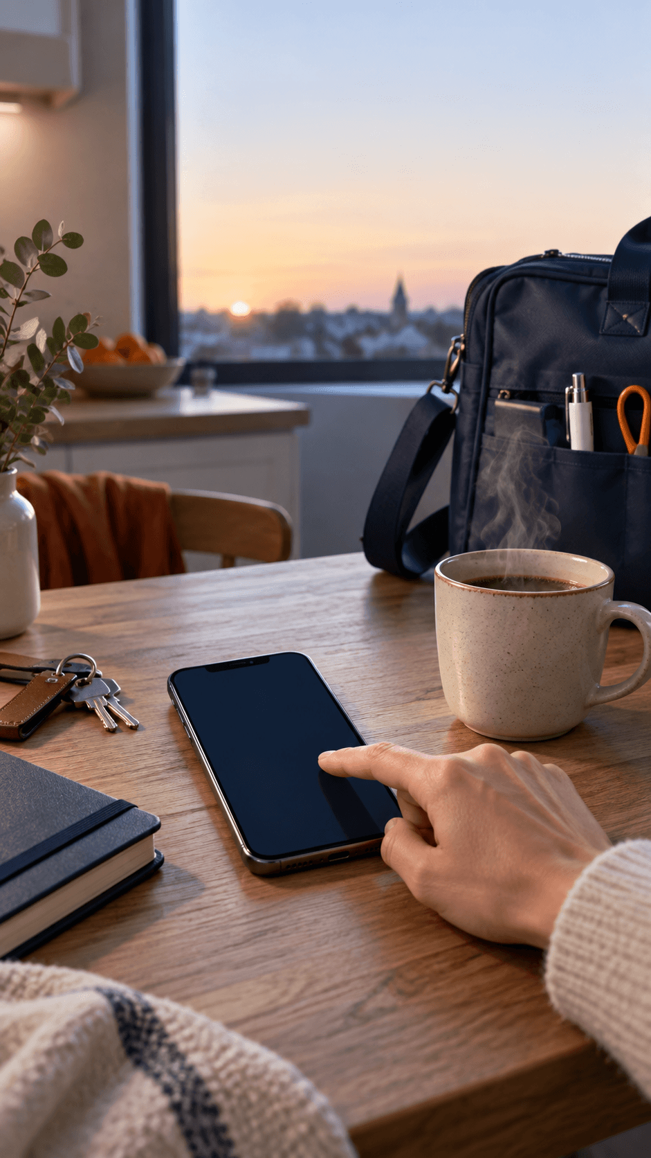Un téléphone près du café du matin avant la tournée