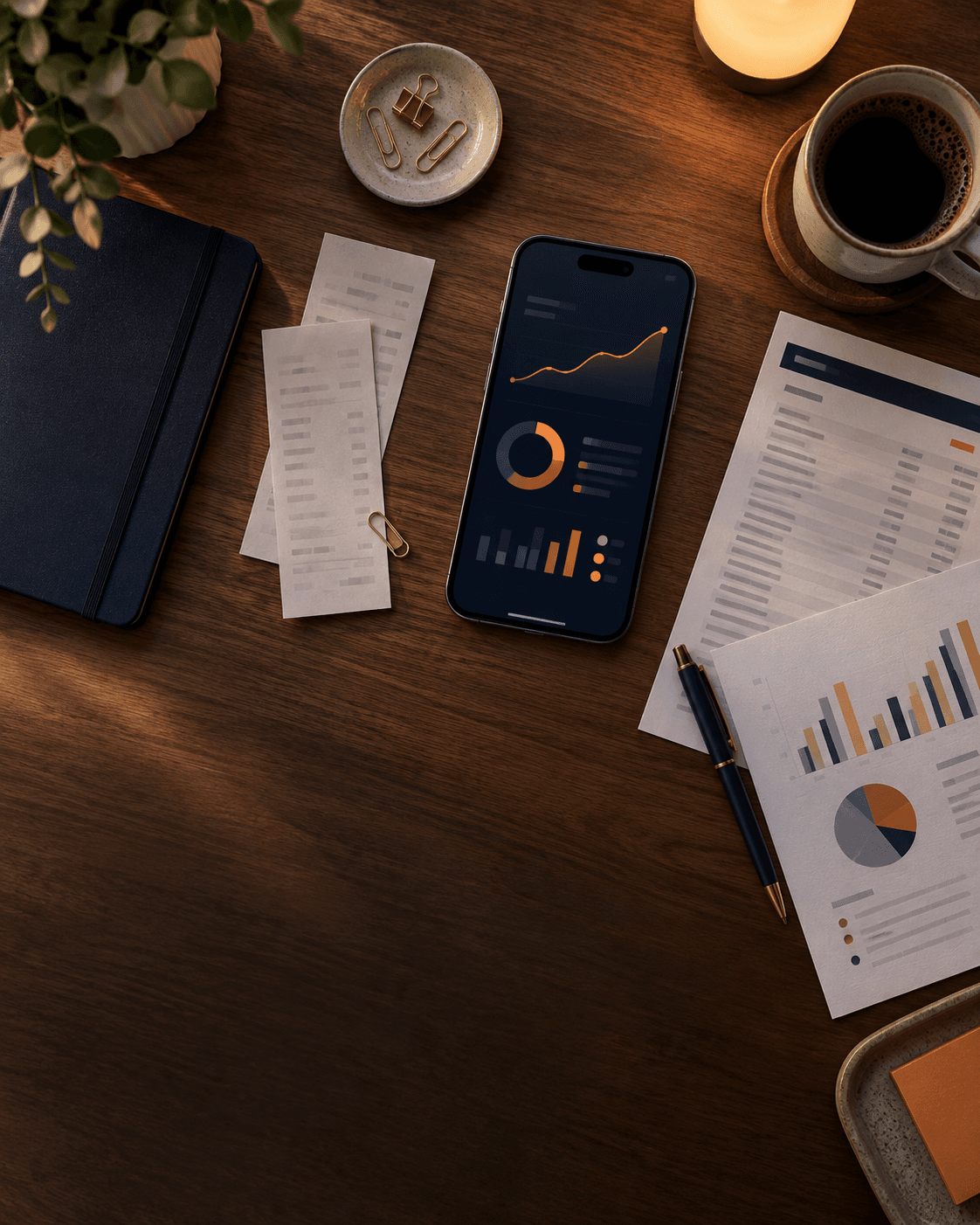 Relevé bancaire, factures et téléphone sur une table pour clôturer le mois