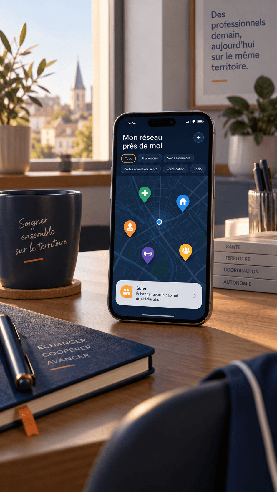 Téléphone affichant une carte de partenaires professionnels autour du cabinet
